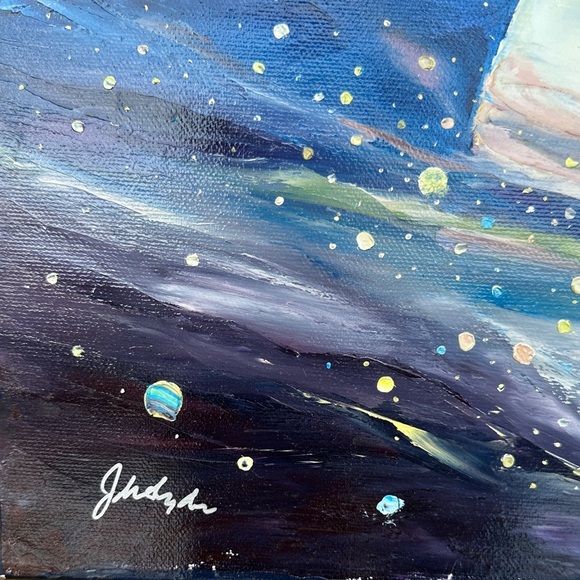 Original Art! Blue and White Moonlit Space Galaxy Canvas Art - Picture 3 of 6